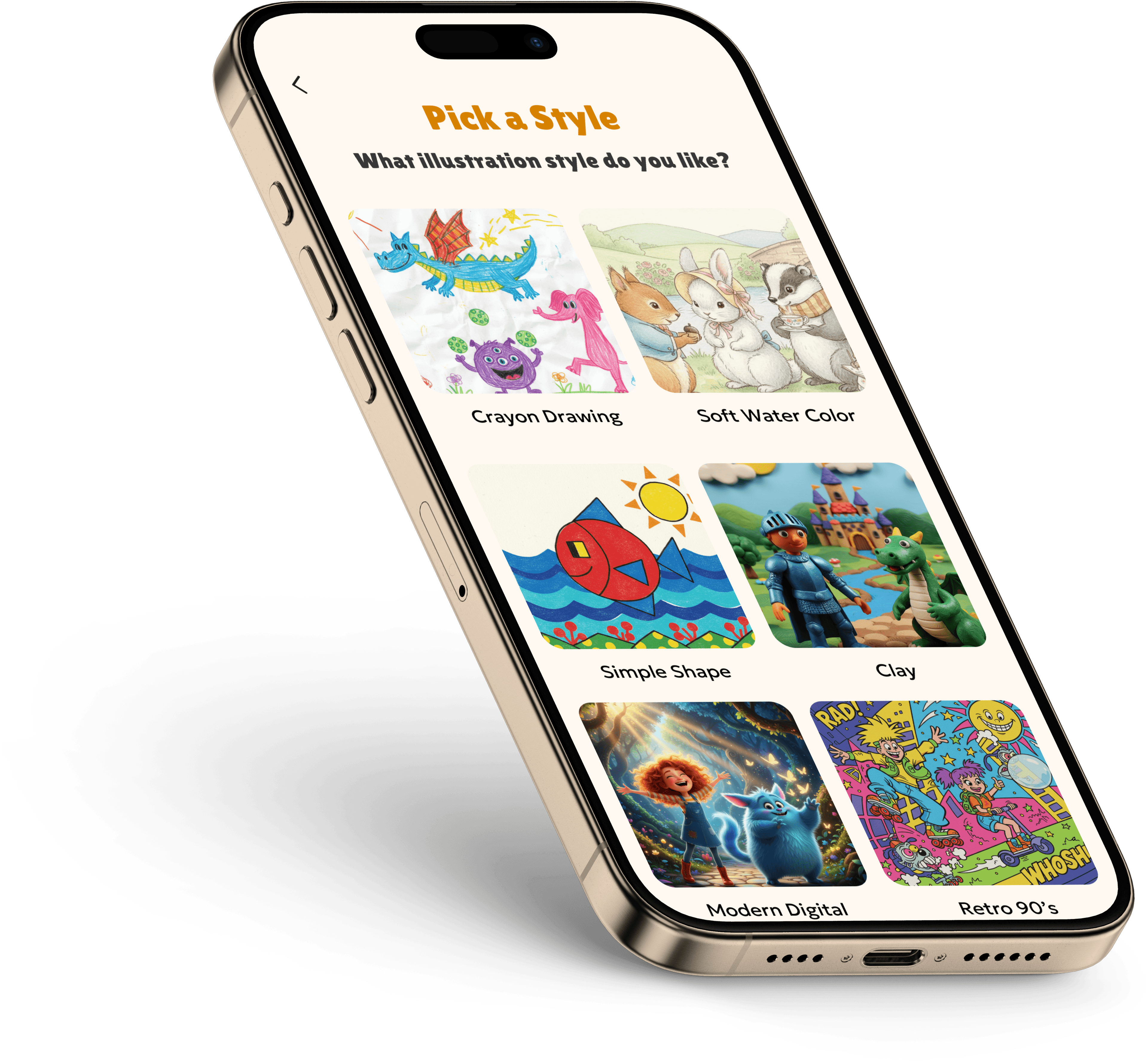 Screen displaying various illustration style options from crayon to digital art